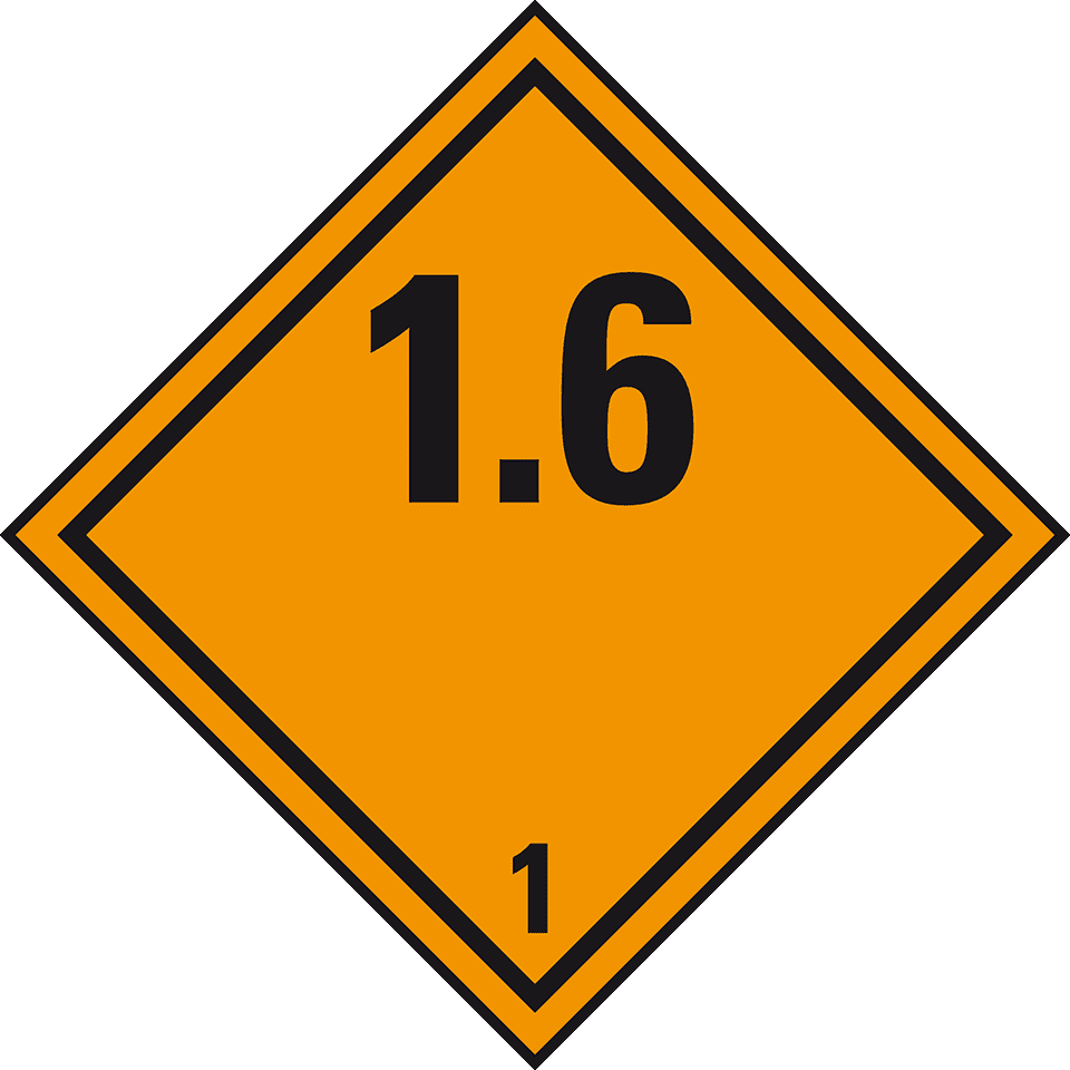 ADR klasse 1.6, zeer gering ontploffingsgevaar, oranje